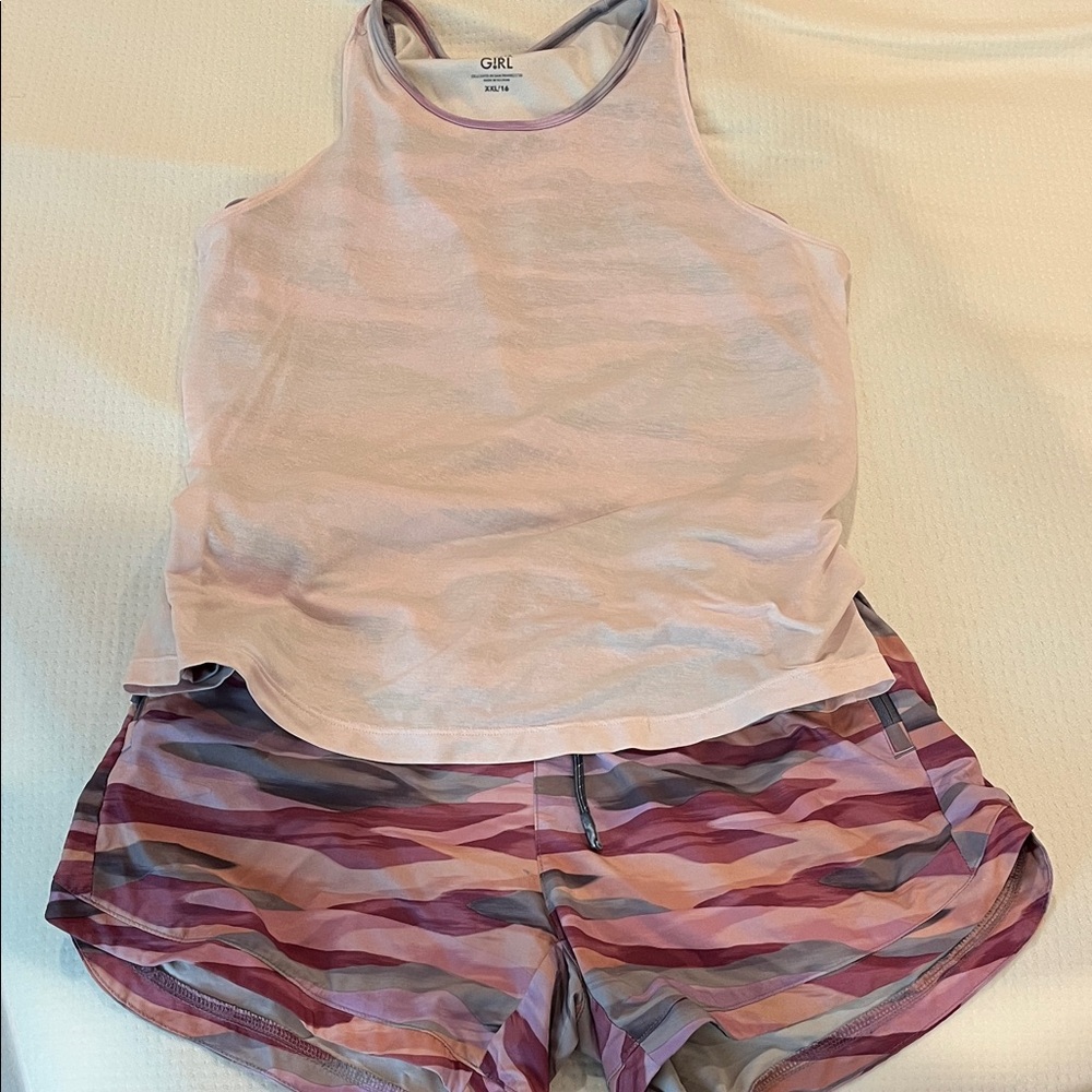 Pink and Purple Athleta Tank Top and Shorts Set
